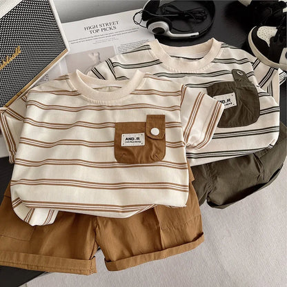 Children's Short Sleeved Round Neck Striped T-Shirt and Casual Shorts Set, Fashion Clothes, Summer, New, 0-5 Years Old