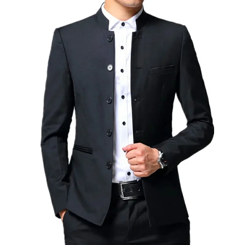 Black Stand Collar Men's 3-Piece, Wedding Party Blazer Jacket and Vest with Pants, Blue Asian Size Slim Fit Sets.