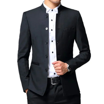 Black Stand Collar Men's 3-Piece, Wedding Party Blazer Jacket and Vest with Pants, Blue Asian Size Slim Fit Sets.