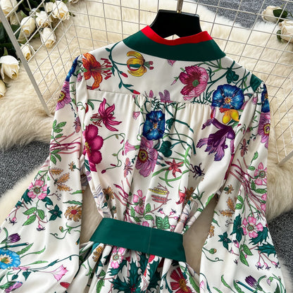 Retro Faion Print Stand Collar Single Button Women's Dr Waist Cinched Floor Length Skirt Korean Sle High Waist Long Sl...