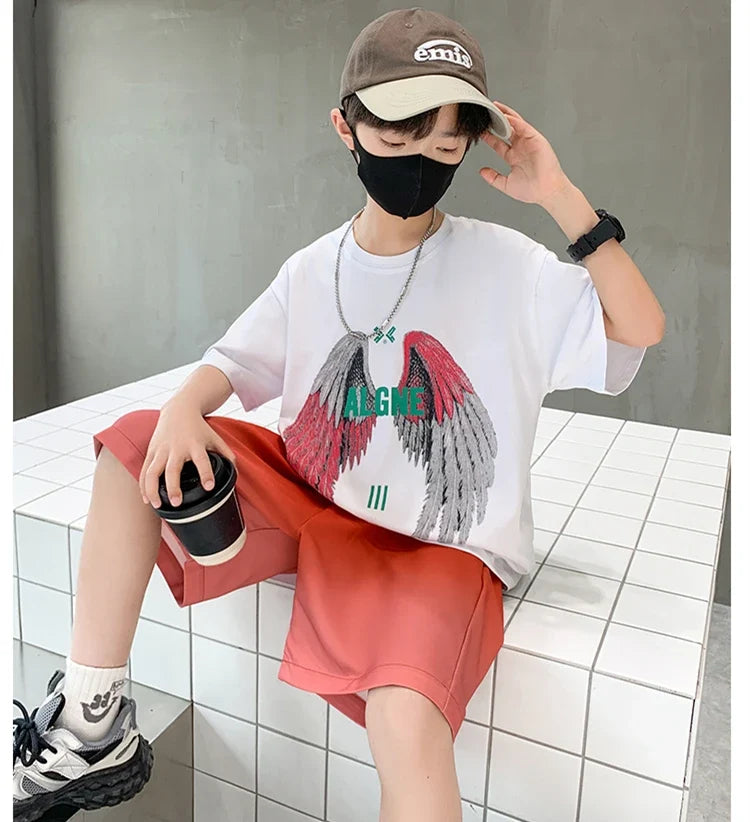 New Kids Boy Summer Clothing Set Cotton T-shirt With Wings Print + Shorts 2 Pieces Tracksuit Outfit for Child Suit Wear 5-14 T