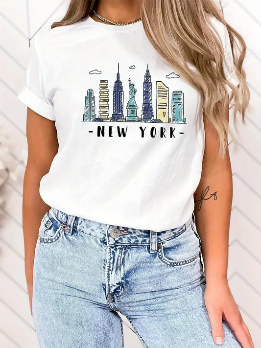 Women's Casual Round Neck Short-sleeved T-shirt with New York Pattern, A Harajuku Street Style Top for Spring and Summer.Y2K Top