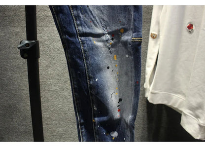 Street Fashion Men Jeans Retro Blue Stretch Slim Fit Spliced Ripped Jeans Men Painted Designer Hip Hop Vintage Denim Pants Homme