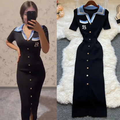 Brand Fashion Summer Knitted Dress Women 2025 New Y2K Embroidery Long Bodycon Sweater Dress Streetwear Lady Vestidos