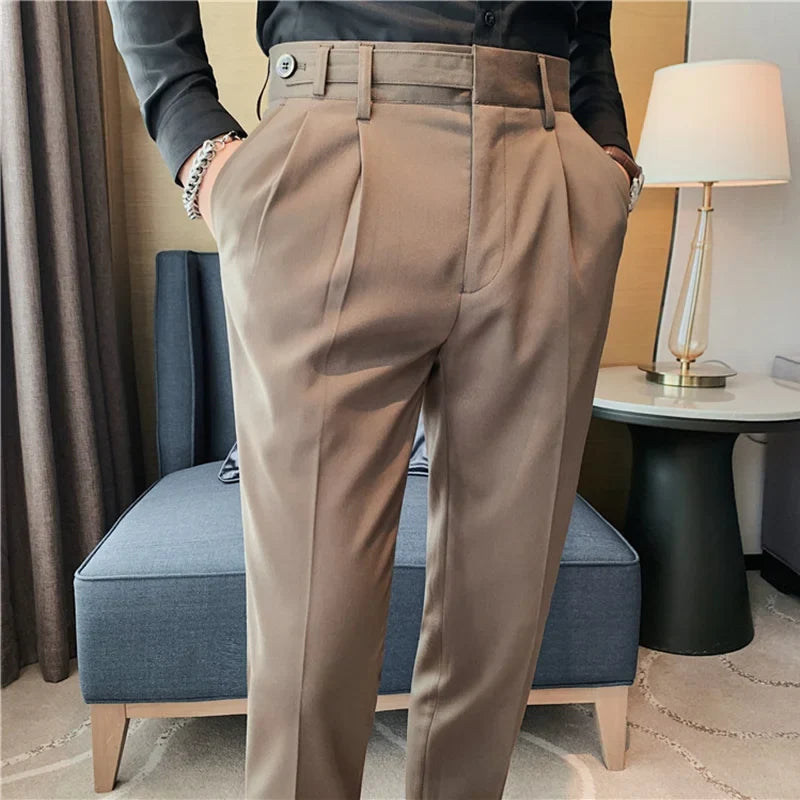 Autumn Winter High Quality Solid Casual Pants Men Belt Design Slim Fit Trousers Formal Office Business Social Party Suit Pants