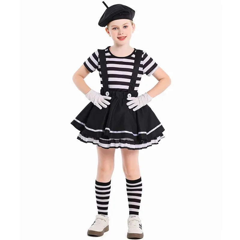 Mime Costume Clown Cosplay Clothing Girls Stage Performance Skirt T-shirt Hat Gloves Halloween Carnival Party Suit ﻿
