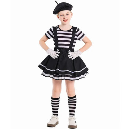 Mime Costume Clown Cosplay Clothing Girls Stage Performance Skirt T-shirt Hat Gloves Halloween Carnival Party Suit ﻿