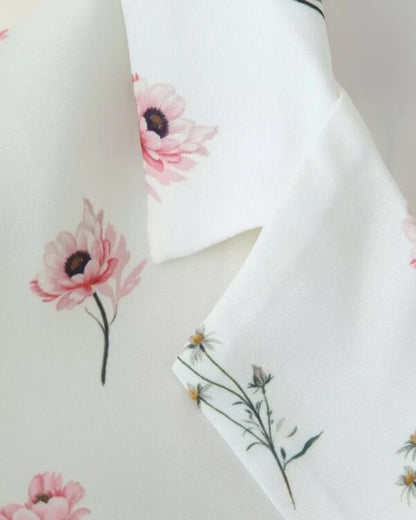 Women's Floral Print Blazer, White Pink Flower Casual Suit Jacket, Notch Lapel Loose Outwear with Tie Waist, Spring Daily Wear