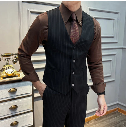 5XL-M( Vest + Pants) High-end Brand stripe Suit Vest 2 pieces Men Luxury Fashion Groom Wedding Vest Set Male Club Party Clothing