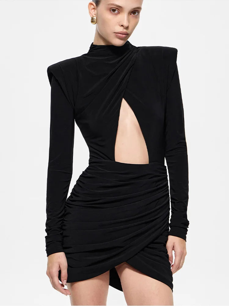Eelgant Fashion Dresses For Women Solid Zipper Sheath Pleated Hollow Out Regular Long Sleeves Turtleneck Shoulder Pad