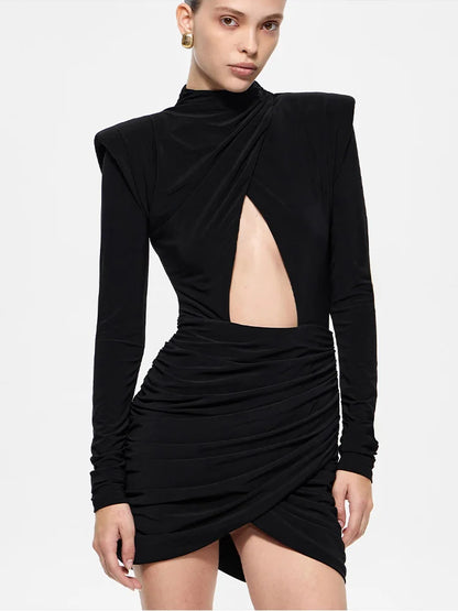 Eelgant Fashion Dresses For Women Solid Zipper Sheath Pleated Hollow Out Regular Long Sleeves Turtleneck Shoulder Pad