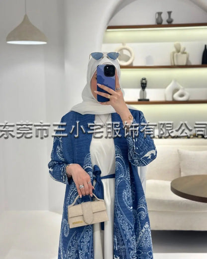 Women's Fold Miyake Pleated Abaya Long Sleeve Print Foldable Collar Robe Cardigan Coat New Winter Fashion Original Design 2026