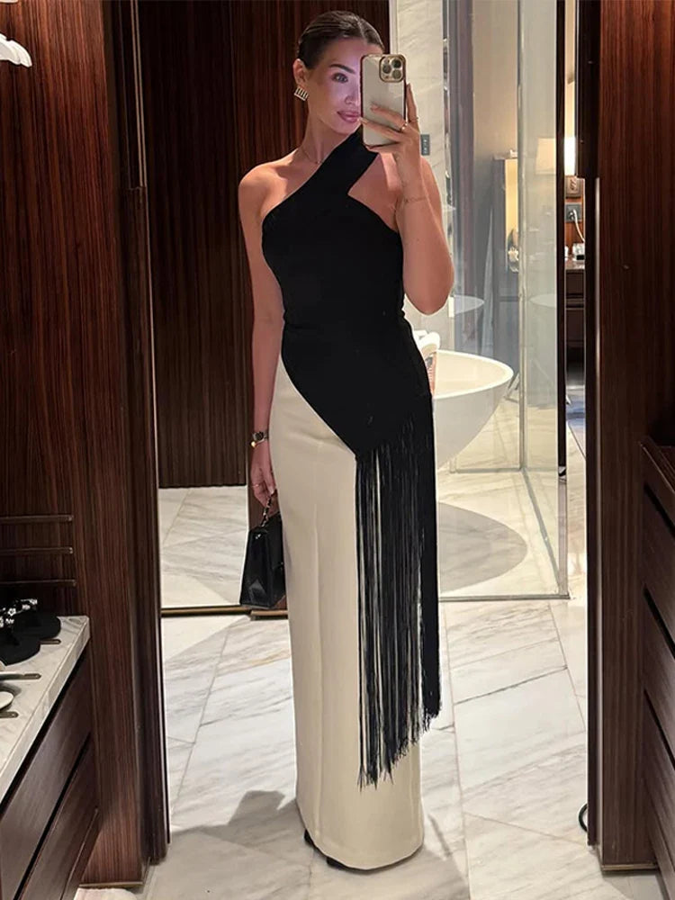 Sexy Tassel Patchwork Women Solid Top Fashion Skew-collar Backless Female Blouse 2026 Spring Summer Asymmetrical Lady Tops