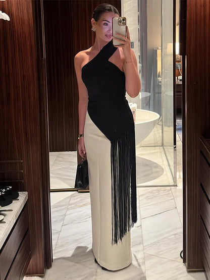 Sexy Tassel Patchwork Women Solid Top Fashion Skew-collar Backless Female Blouse 2026 Spring Summer Asymmetrical Lady Tops
