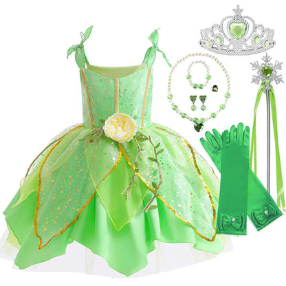 2026 Disney Elf Movie Tinker Bell Girls Play Fairy Dress Green Suspender Skirt With Wings and Flower Christmas Gift for Girls