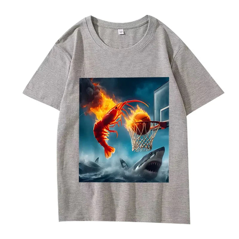Shrimp Dunking on Shark Graphic Tee Retro Fishing Meme TShirt Women Short Sleeve Summer Tops Aesthetic Clothes Summer Streetwear
