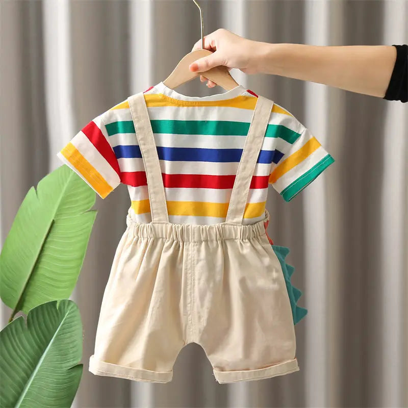Summer Kids Boys Clothing Toddler Fashion Rainbow Clothes T Shirt Cartoon Dinosaur Bib Pants 2Pcs/Set Children Costume Suit