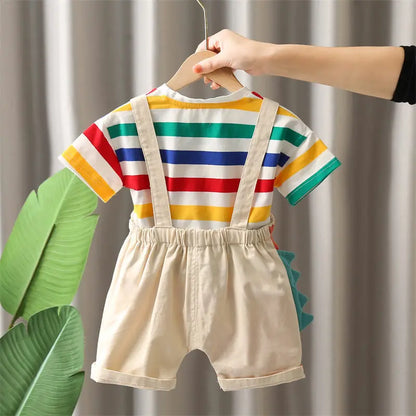 Summer Kids Boys Clothing Toddler Fashion Rainbow Clothes T Shirt Cartoon Dinosaur Bib Pants 2Pcs/Set Children Costume Suit