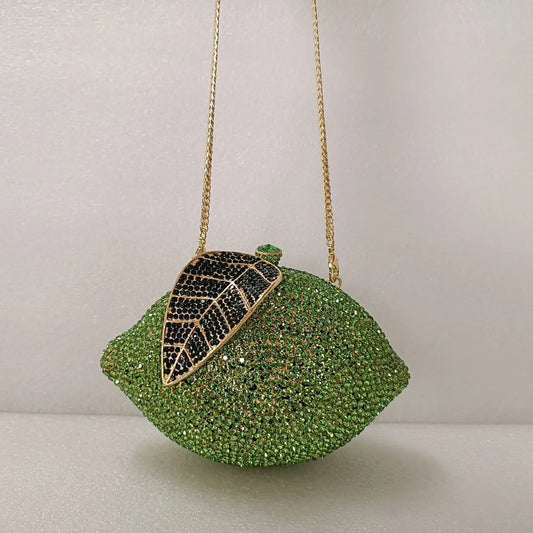 Green Lemon Shaped Rhinestone Handbags for Cocktail Party Women Gorgeous Crystal Wedding Bridal Cutch Purse Evening Bags