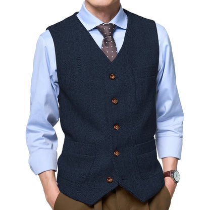 Men Vest Gray Herringbone Single Button With Pocket Waistcoat For Wedding Party Business Work Office Daily Casual Men Suit Vest