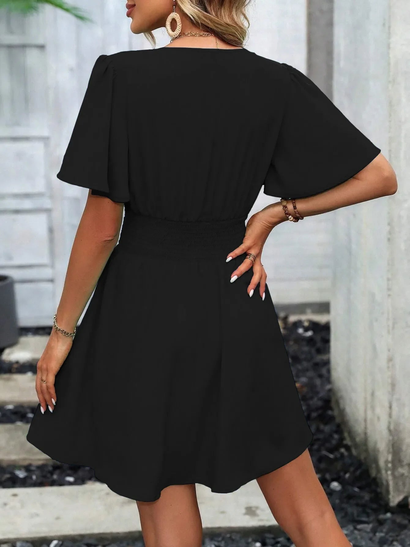 2025 New Summer Deep V-Neck Smocked Ruffled Sleeves Bodycon Dress Women French Retro Style Solid Color Short Long Midi Maxi Dres