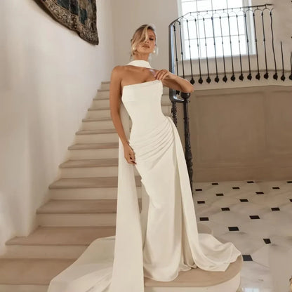 lvory Crepe Wedding Dress Strapless Mermaid Pleated Simple Bride Dresses Satin Vestido De Noiva civil With Train Customized