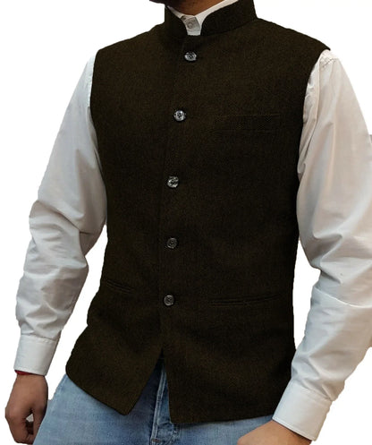 Mens Retro Vest Herringbone Wool Blended Smart Casual Stand Collar Single Breasted Waistcoat Adjustable Buckle Men's Suit Vest