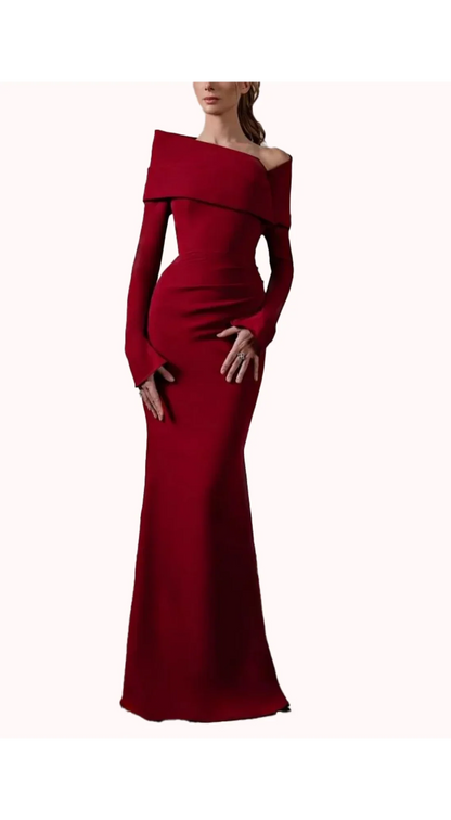 Red off the Shoulder Evening Dress Tight Mermaid Long Sleeve Bridesmaid Dress 2025 Satin Formal Dress Pleated Corset Customized
