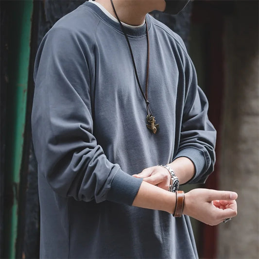 100% Cotton Loose Crew Neck Long Sleeve T-shirts Men's  230g Thin Breathable Tee Shirt Basic Solid Color Oversized Tops