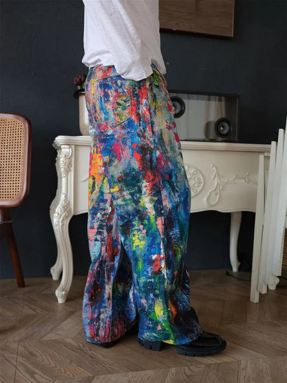 2026 Ropa Y2K Streetwear Graffiti Painting Baggy Jeans Pants For Men Designer Clothes Colorblock Kanye Wide Leg Denim Trousers