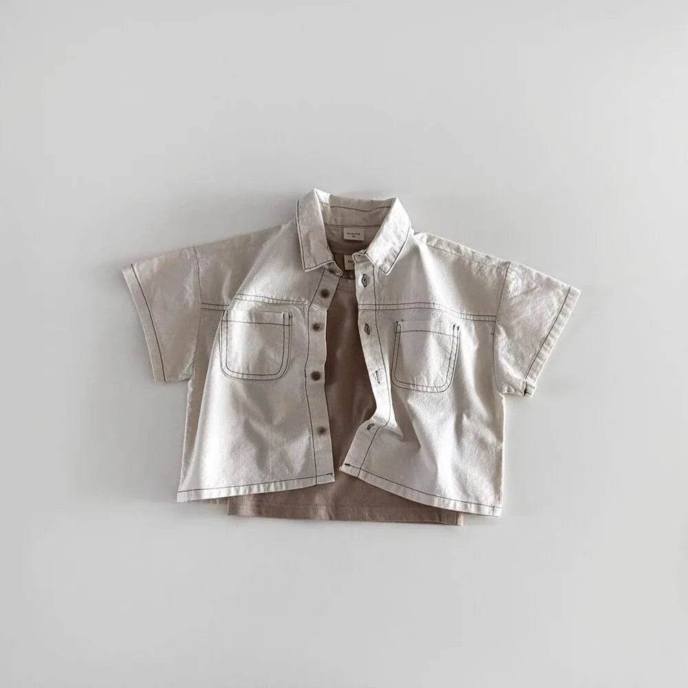 TZ2614 Korean Style Summer New Children's Clothing Set Boy Girl Soft Denim Shirt with Stitching Trendy Outfit for Kids