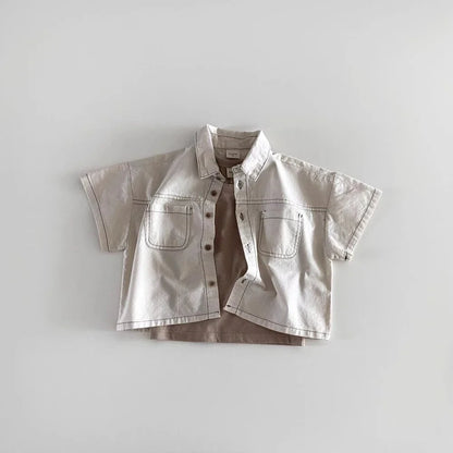 TZ2614 Korean Style Summer New Children's Clothing Set Boy Girl Soft Denim Shirt with Stitching Trendy Outfit for Kids
