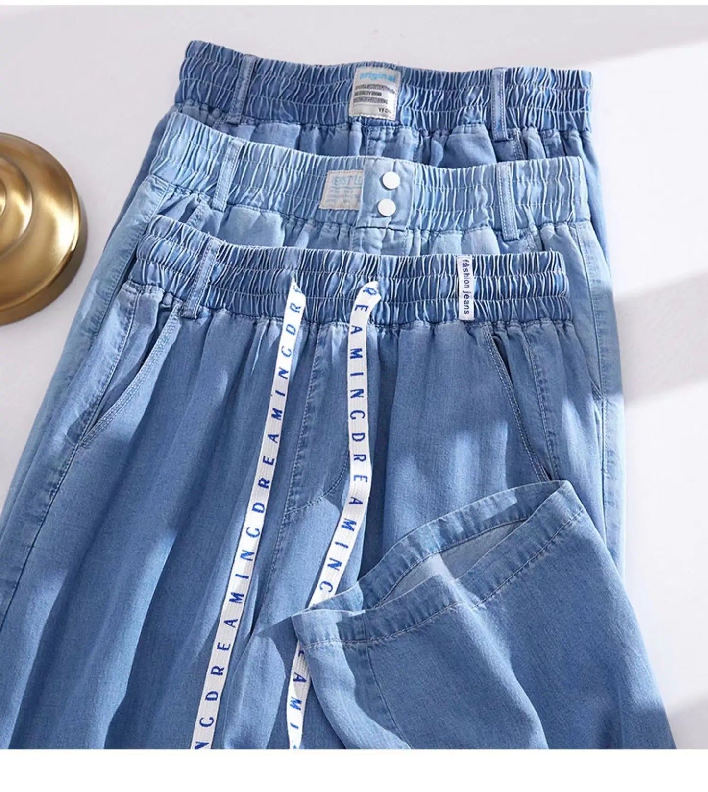 Plus Size Loose Fit Ice Silk Jeans Casual Yoga Demin Pants Women's Summer Trendy Brand Thin Wide Leg Pants Feel Comfortable