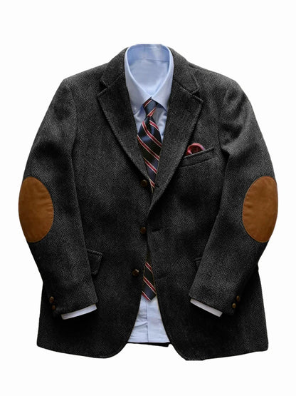 Men's Vintage Herringbone Tweed Blazer With Elbow Patch 2 Button Single Breasted Cotton Casual Slim Fit Business Jacket XS-7XL