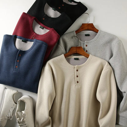 Men's Fleece - Lined Thickened Long - Sleeved Henley Neck Waffle Knit T - Shirt