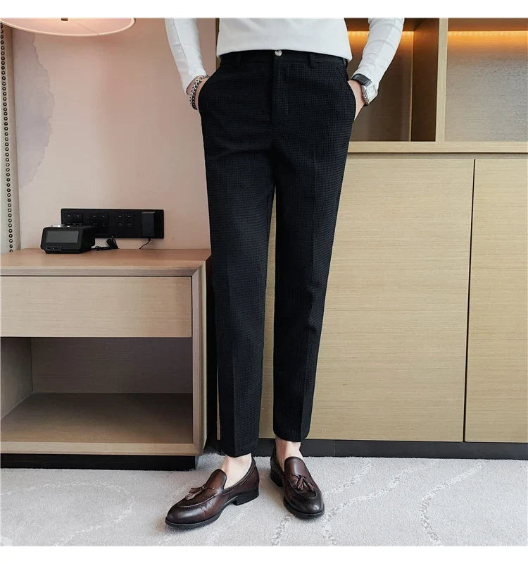 2024 Autumn New Waffle Stretch Waist Business Formal Pants Men Fashion Wedding Slim Trouser Mens Brand Social Party Suit Pants