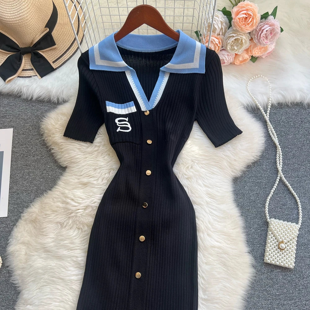 Chic Fashion Sexy Wrap Hips Knitted Long Dress 2026 New Brand Fashion Embroidery Single-breasted Shirt Dress Streetwear