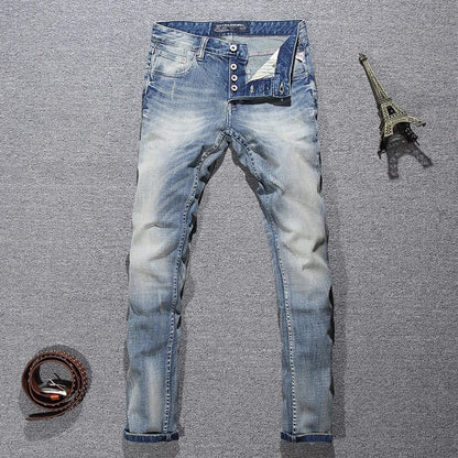 Italian Style Fashion Men Jeans Retro Light Blue Elastic Slim Fit Ripped Jeans Men Buttons Trousers Vintage Designer Denim Pants