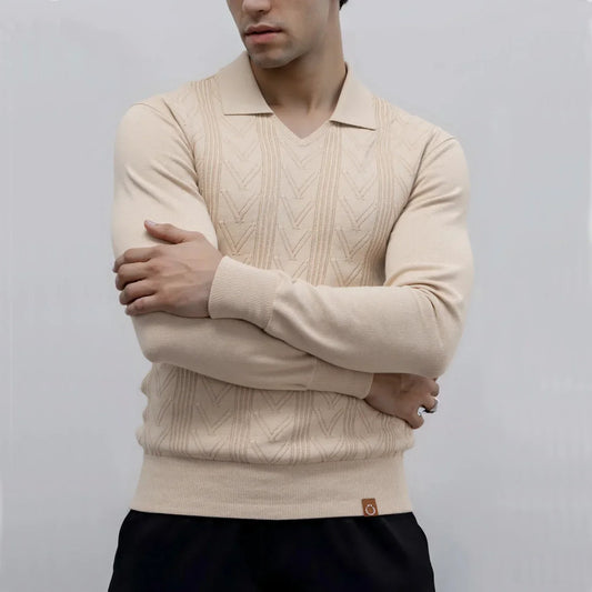 2025 Men's Modern Henley Polo Solid Color Long Sleeve Fashion Forward Cut Luxury Business Social Premium Male Top