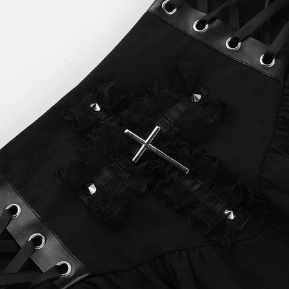 Punk Cross Patchwork Pleated Skirts Mall Gothic Techwear Bottoms Grunge Aesthetic Women Bandage Mini Skirt Alt Clothes