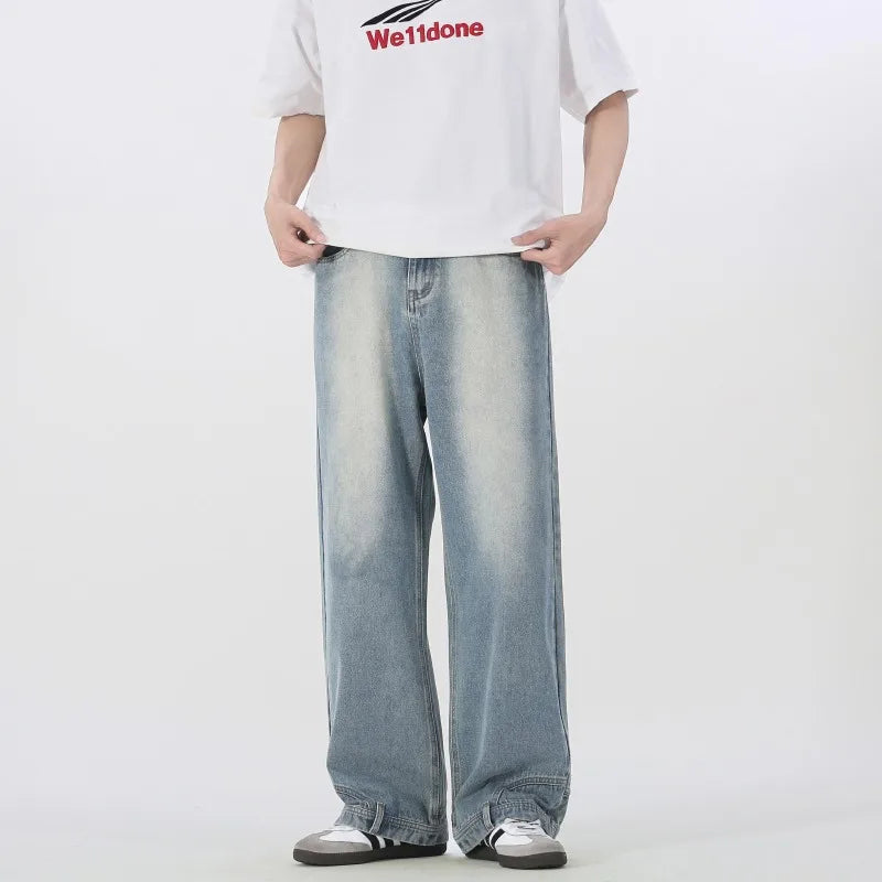 Vintage American Retro Reverse Side Turned Denim Jeans Men Women Couple Straight Wide Leg Baggy Drag Pants Trendy