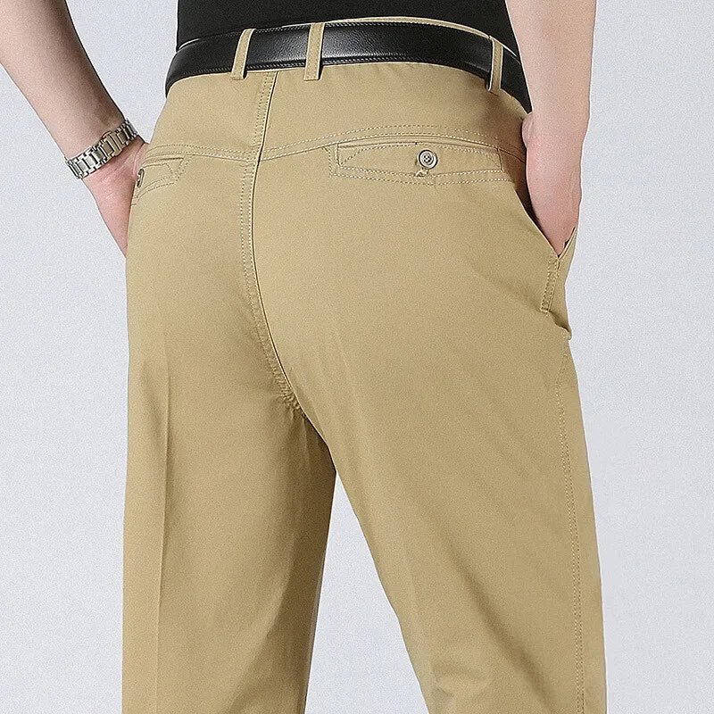 Spring Summer Mens Suit Pants Pure Cotton Business Casual Loose Straight Trousers Khaki Beige Black Formal Dress Pants