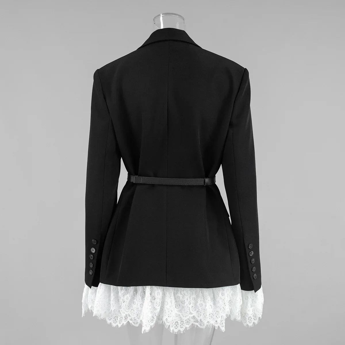 Spring Autumn Elegant Lace Splicing Blazer V-Neck Oversized Black Coat Chic Streetwear Women