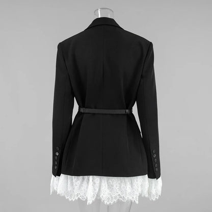 Spring Autumn Elegant Lace Splicing Blazer V-Neck Oversized Black Coat Chic Streetwear Women