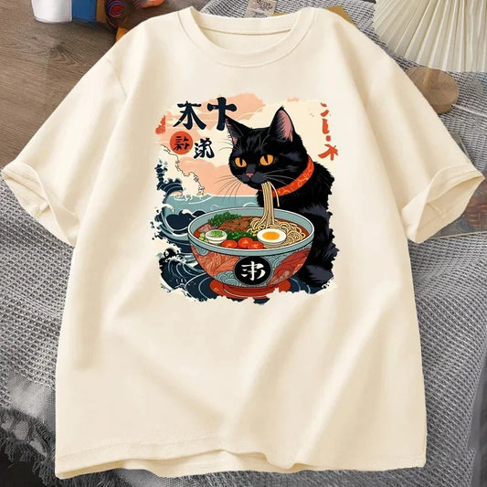 Kawaii Cat Anime Tshirt Ramen Japanese Funny Graphic Tee Kawaii Noodle Cat Tee Shirt Women Short Sleeve T-shirt Harajuku Clothes