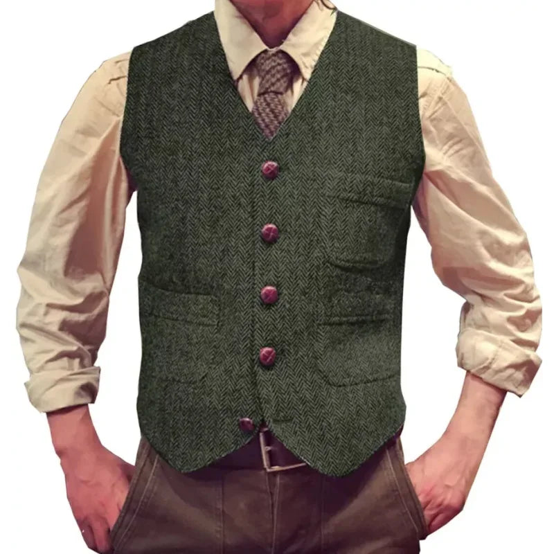 Herringbone Men Vest Dark Green Tweed Slim Casual Business Waistcoat For Wedding Party Banquet Work Prom Set Men Suit