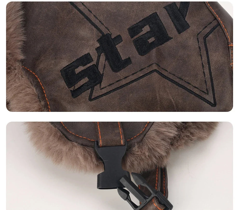 Bomber Hat Thick Warm Russian Hat Fur Lined Autumn Winter Hats for Men Women Windproof PU Leather Ski Trapper Earflap Cap