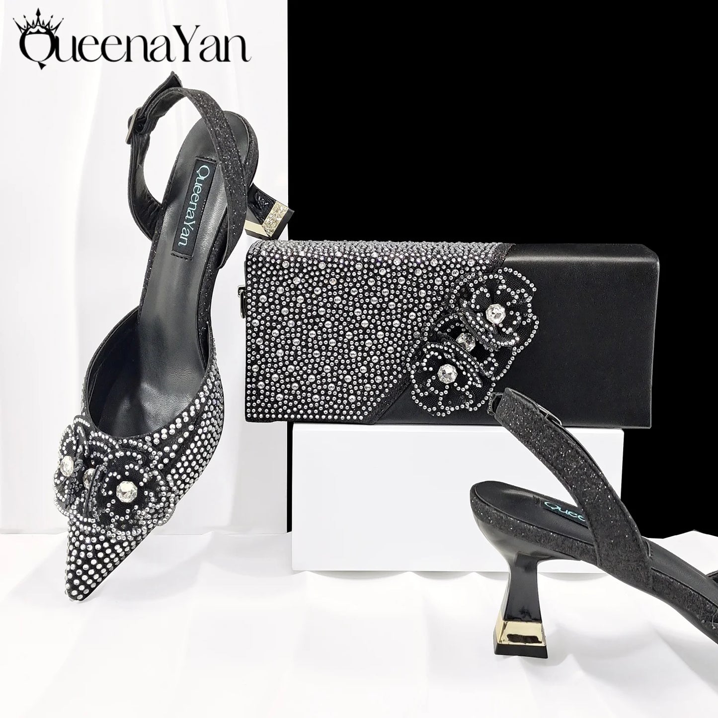 Elegant African-Inspired Evening Shoes and Handmade Clutch Set Pointed Toe High-Heel Women's Footwear and Matching Bag