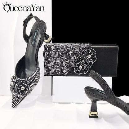 Elegant African-Inspired Evening Shoes and Handmade Clutch Set Pointed Toe High-Heel Women's Footwear and Matching Bag