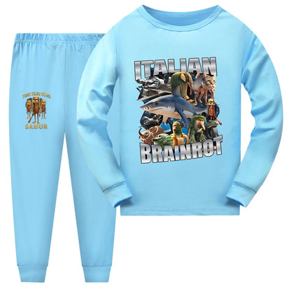 Italian Brainrot Meme Clothes Kids Cartoon Tung Sahur Pajama Sets Boys Long Sleeve Tops Legging 2pcs Set Girls Casual Sleepwear